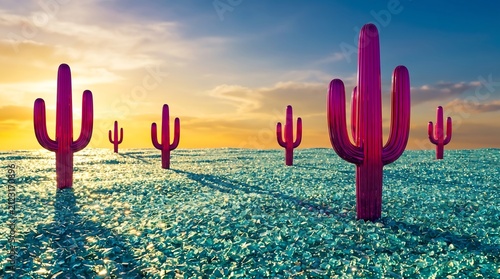 Vivid pink cacti in a surreal desert landscape with glowing water. Bright, colorful scene with molten glass-like textures.