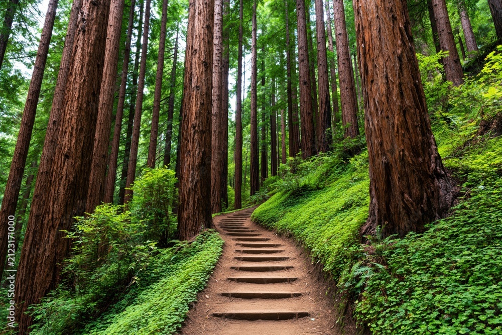 Obraz premium Forest trail with wooden steps through a green redwood nature path in wilderness