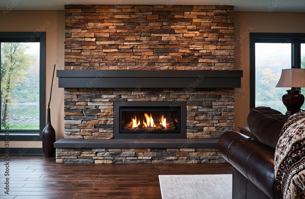 Obraz premium Fireplace in a modern living room interior with stone wall design and home decor