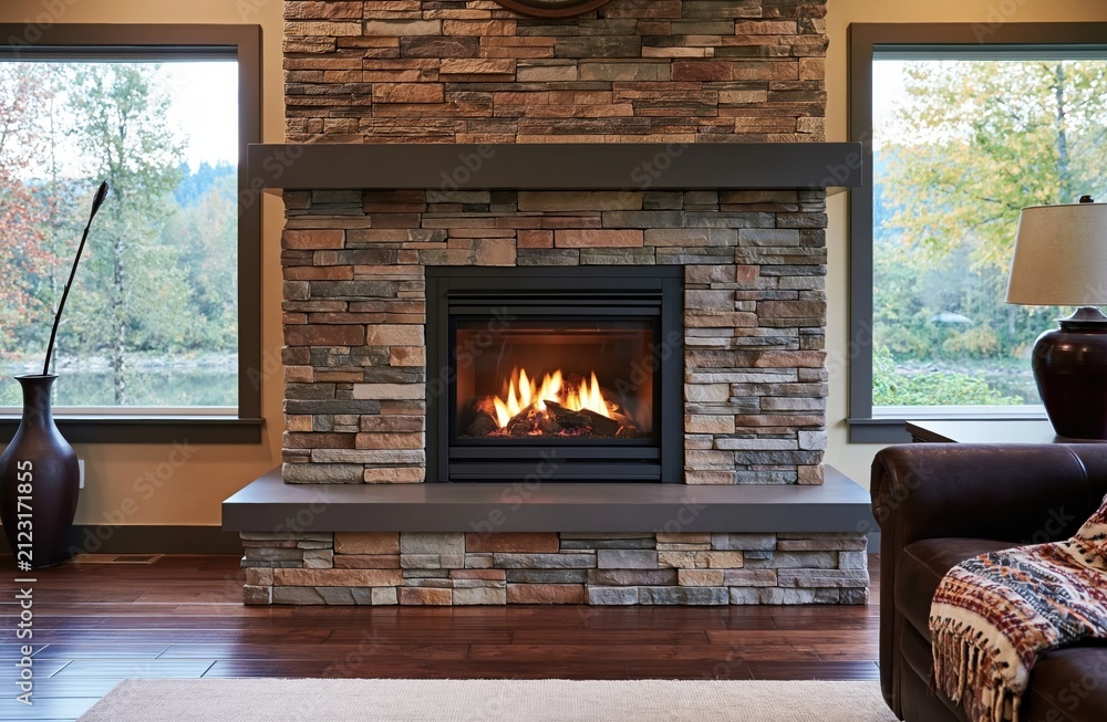 Obraz premium Fireplace in a cozy modern living room interior with warm stone and hardwood home