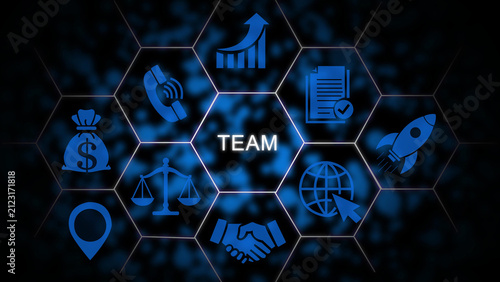 Digital interface featuring the word team in the center surrounded by blue representing business growth, communication, finance, legal justice, global connectivity, and teamwork concepts