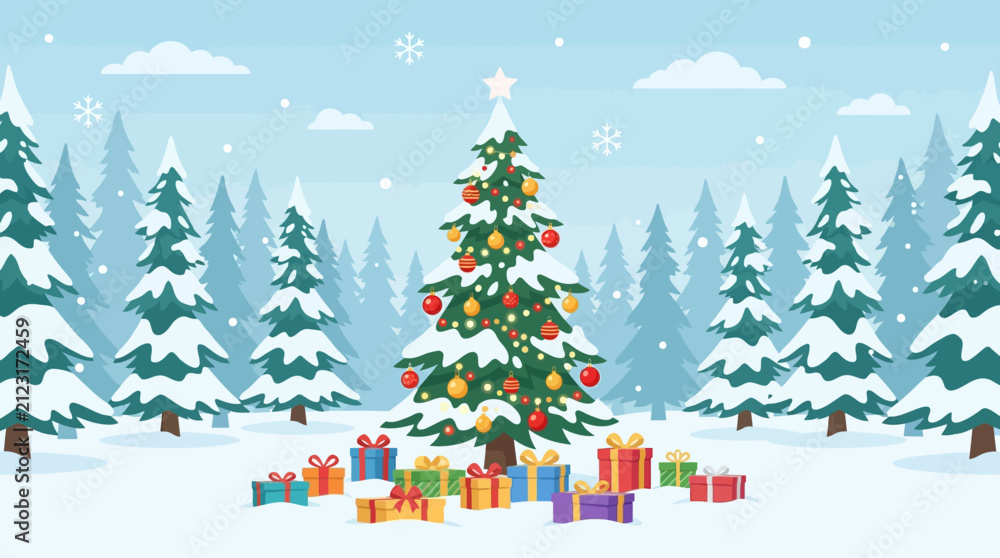 Fototapeta premium Christmas tree decorated with colorful ornaments stands in a snowy forest surrounded by wrapped gift boxes.