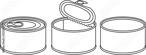 Tin cans set with open and closed lids, line art vector illustration