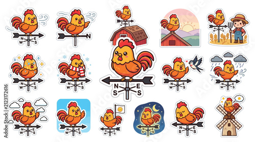 Obraz na plátne Collection of cartoon weather vane chickens illustrating various weather conditions and farm scenes