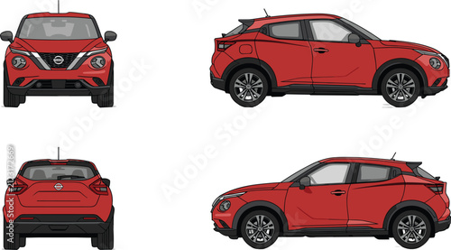 Foto Red modern crossover SUV car blueprint set, vehicle views template vector illust