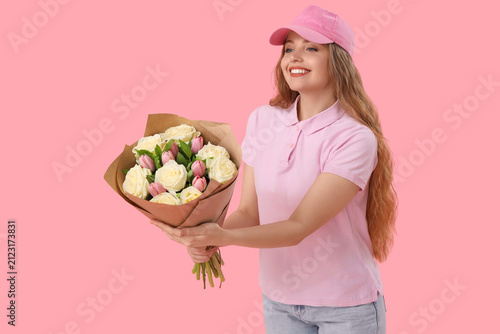 Female courier with bouquet...