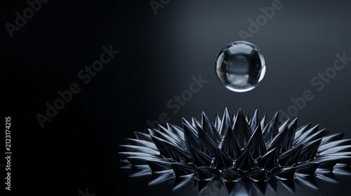 Water Liquid Drop Floating Over Spiky Ferrofluid Liquid Background