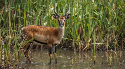 Majestic Male Red Lechwe Antelope Standing in Wetland Marsh Water Surrounded by Green Reeds and Grass