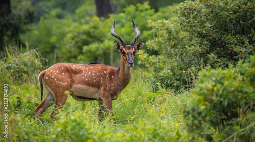 Majestic Male Impala Antelope with Spiral Horns Standing in Lush Green Forest Vegetation Background