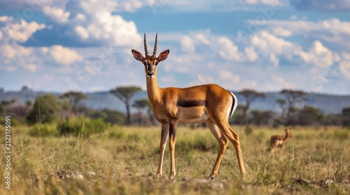 Beautiful Impala Antelope Standing in the African Savanna Grassland Under a Blue Sky