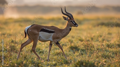 Graceful Thomson Gazelle Walking in the African Savanna Grassland During Golden Hour Sunrise Light