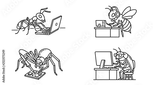 Insect office worker line art icon set