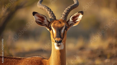 Majestic Male Impala Antelope with Spiral Horns in African Savannah Wilderness During Golden Hour