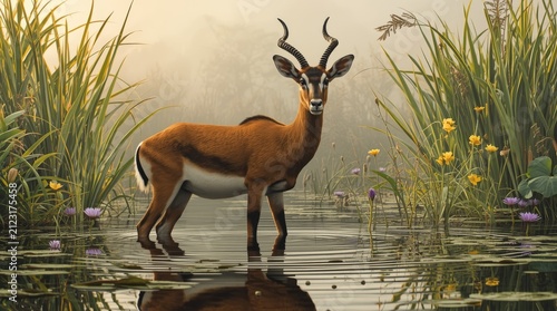 Majestic Impala Standing in Serene Wetland Pond with Water Lilies and Morning Mist in Wild Habitat