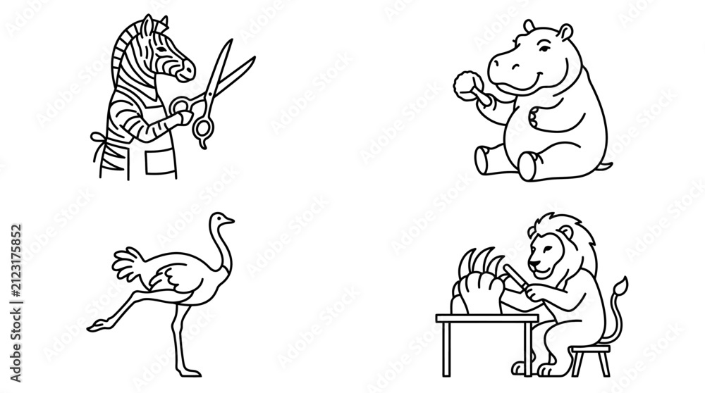 Obraz premium Safari animals performing human activities in line art