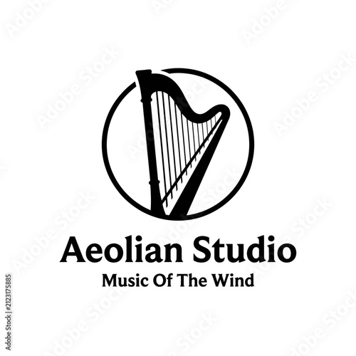Elegant harp strings within a circular frame for music studios and classical arts.