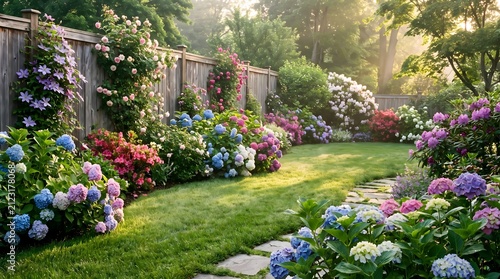 Hydrangea bushes bloom in a vibrant backyard garden along a weathered wooden fence during a sunny day.