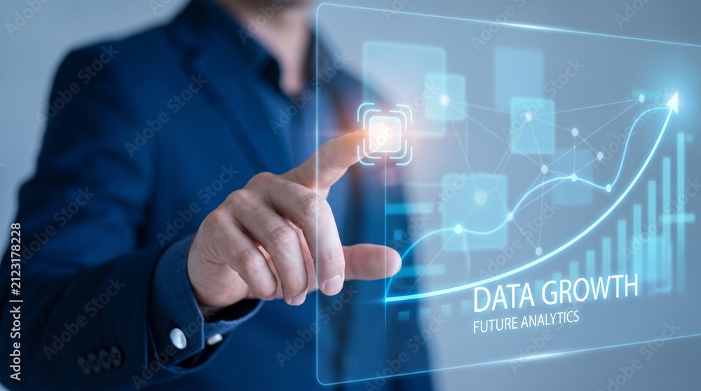 Obraz premium Man Interacting With Glowing Data Growth Chart On Transparent Screen