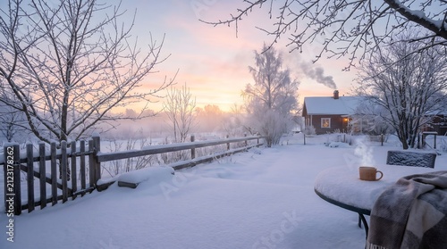 Winter landscape shows a steaming hot beverage on a patio table at sunrise.