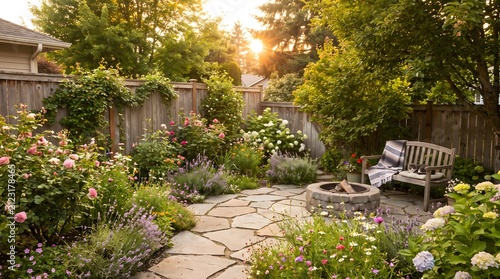 Garden path leads to a wooden bench and stone fire pit surrounded by blooming flowers.
