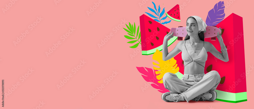 Fototapeta premium Smiling young woman in bandana and bikini top holding a pink skateboard with tropical leaves and watermelon slices, the composition features vibrant tropical leaves and watermelon slices