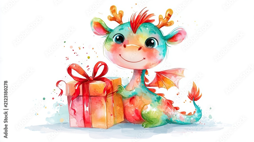 Fototapeta premium A cute, colorful cartoon dragon with antlers sits happily beside a large gift box wrapped with a red ribbon.
