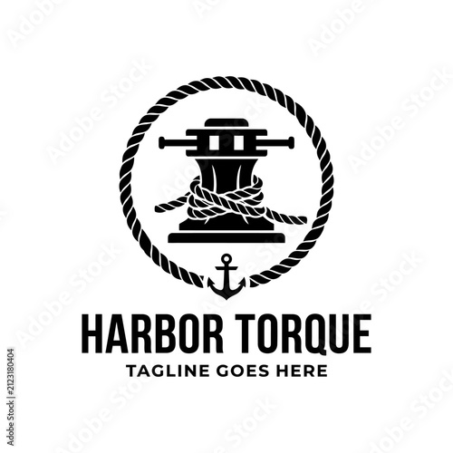 Traditional harbor emblem showing a dock cleat and anchor. Ideal for shipping, maritime commerce, and logistics branding.