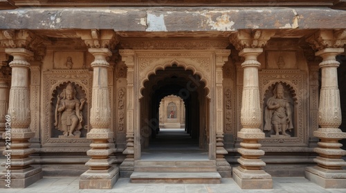 Intricate Stone Carvings and Ornate Pillars of an Ancient Hindu Temple Architecture in India
