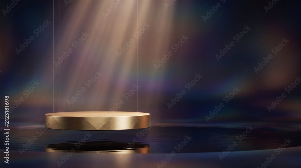 Obraz premium Floating Luxury Golden Podium Above Reflective Surface for Premium Product Display