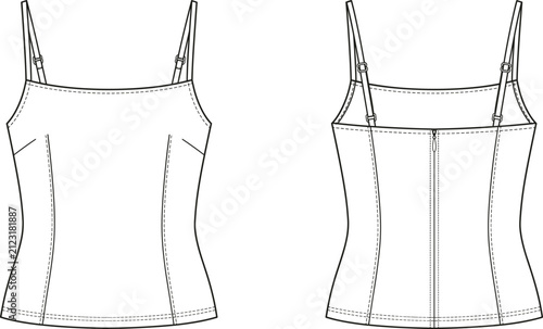 Obraz na plátně Technical drawing of a women adjustable spaghetti strap camisole top front and b