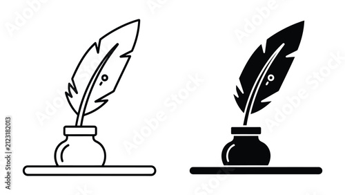 Quill pen and inkwell icon set. Vintage writing tool symbols for literature and history.