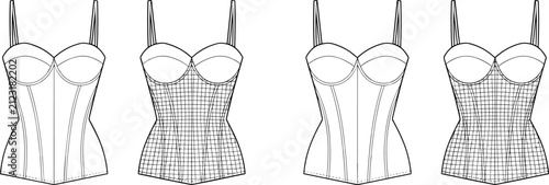 Cuadro en lienzo Technical fashion drawing of corset style tops with sweetheart neckline and grid