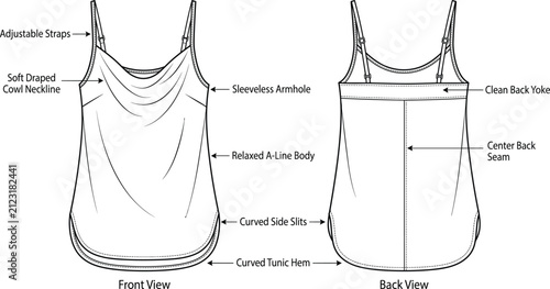 Obraz na plátně Technical sketch of a womens sleeveless cowl neck camisole top with adjustable s