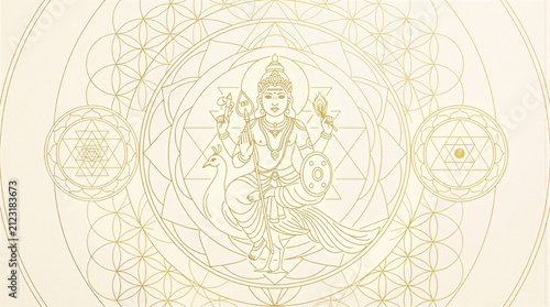 Golden line art illustration of a Hindu deity, possibly Kartikeya, on a peacock, surrounded by sacred geometry and intricate mandalas.