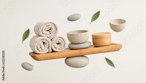 Foto Spa wellness concept with rolled towels, smooth grey stones, wooden tray, and gr