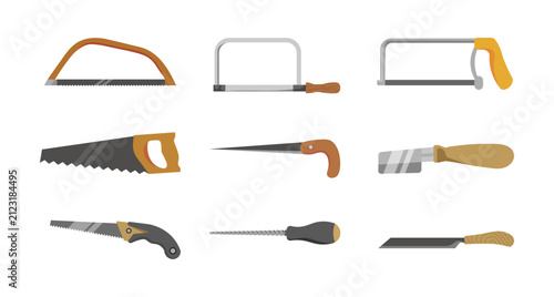 Hand saw and carpentry woodworking tools icon set with various types of saws flat design vector isolated on white background