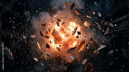 A powerful explosion erupts, sending debris and fiery particles scattering outwards in a dramatic display of destruction.