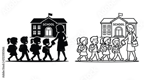 School Building With Teacher And Students Silhouette On Transparent Background