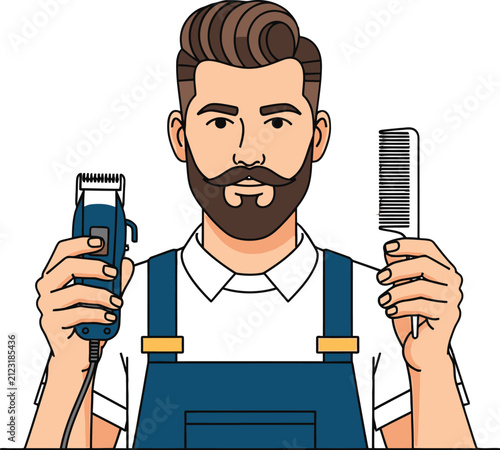 Illustration of barber holding hair clippers and comb on white background