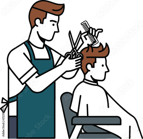 Illustration of barber cutting hair with scissors and comb