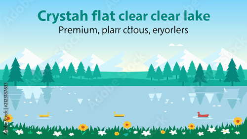 Serene mountain lake landscape with evergreen trees and wildflowers in a flat vector style with small boats wildflowers foreground vector illustration clear