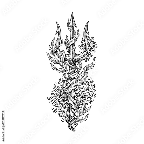 Trident hand drawn engraving with marine plant ornamentation vector illustration