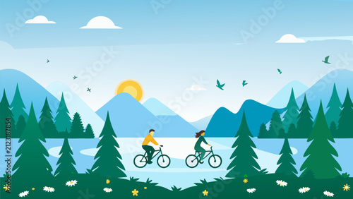 Two people cycling through a scenic mountain landscape with pine trees with two cyclists riding through nature scene mountains illustration with environment