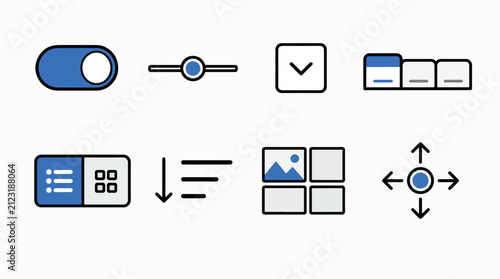 Collection of modern user interface control elements and icons for digital applications.