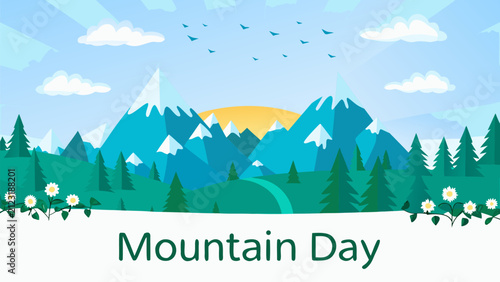 Colorful flat vector illustration of majestic mountain range with pine trees and daisies for nature holiday with daisies under blue sky vector landscape snow