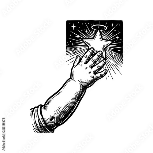 Children Hand Reaching for Glowing Star Vintage Engraving Vector Illustration with Celestial Symbol