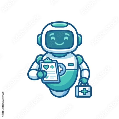 Robot Doctor Holding Clipboard and First Aid Kit.