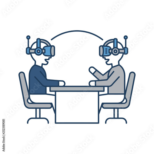 Two Men Wearing Virtual Reality Headsets at Desk.