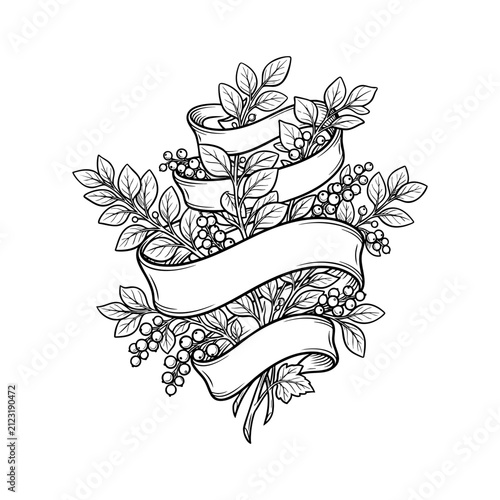 Decorative Botanical Ribbon Banner with Leaves and Berries Line Art Vector Illustration