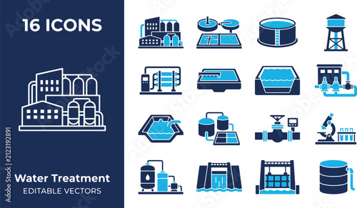 Set of water treatment icons, including reservoirs, purification plants, and equipment, presented as vector graphics for industrial and environmental themes